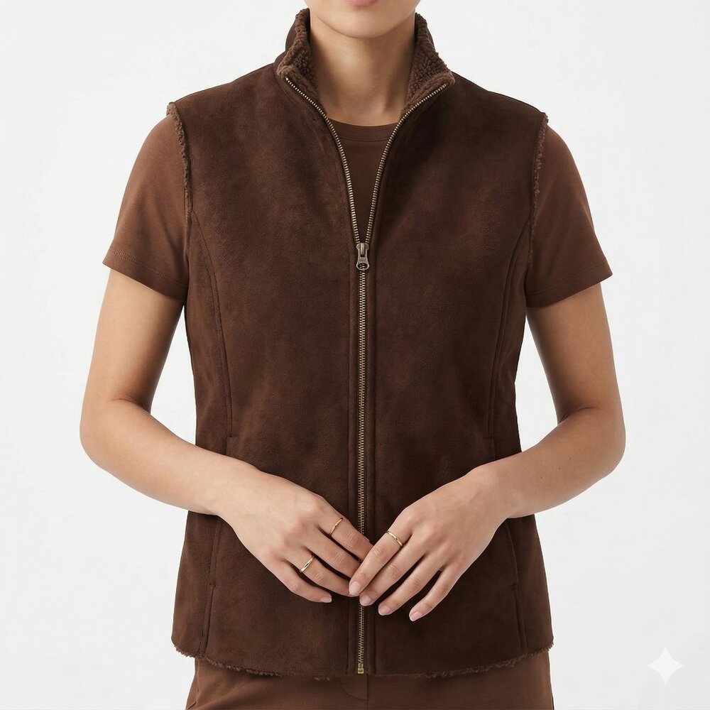 Lands' End Vest Brown Faux Suede Sherpa Grunge Casual Zip L